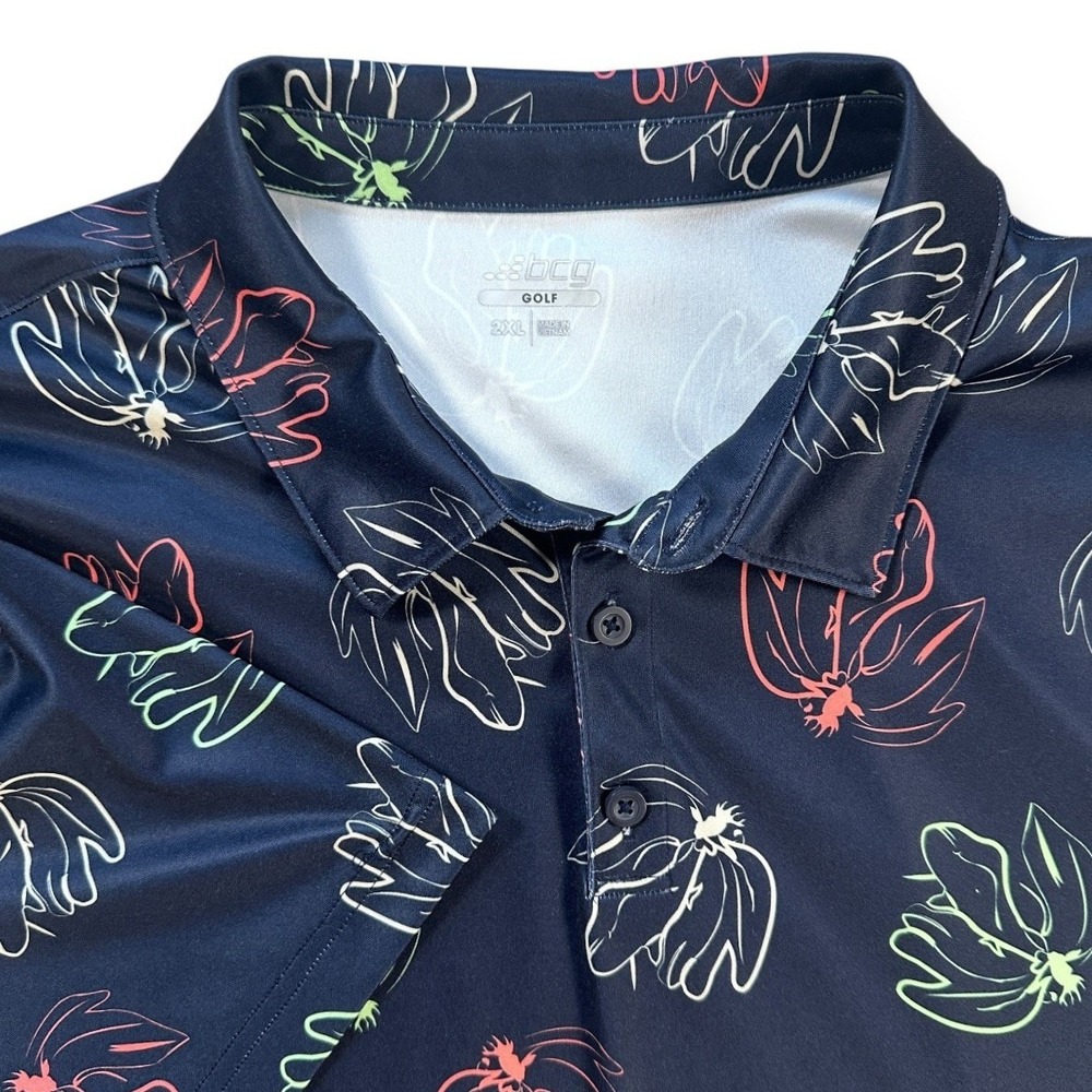 BCG Golf Mens Navy Blue Floral Outline‎ Performance Polo Shirt 2XL Short Sleeve